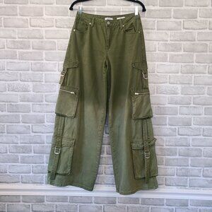 Forever 21 Cypress Cargo Denim Pants Wide Leg Ombre Green Pockets 25 Streetwear